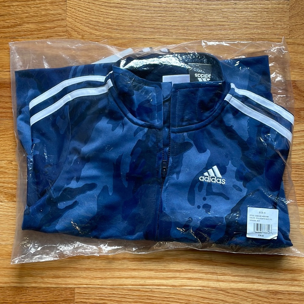 NWT Boys Adidas Tricot Track Jacket Pants Set Blue Camo Collegiate Navy Sz 5